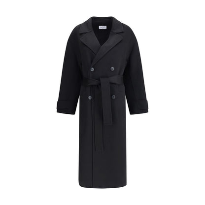 Dynamis Studio Black Wool Coat, double-breasted design with built-in waist belt, classic lapels, and front button closure, 100% wool.
