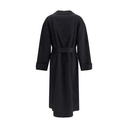 Back view of Dynamis Studio Black Wool Coat with belt and classic lapels, ideal for any occasion, showcasing timeless style and elegance.