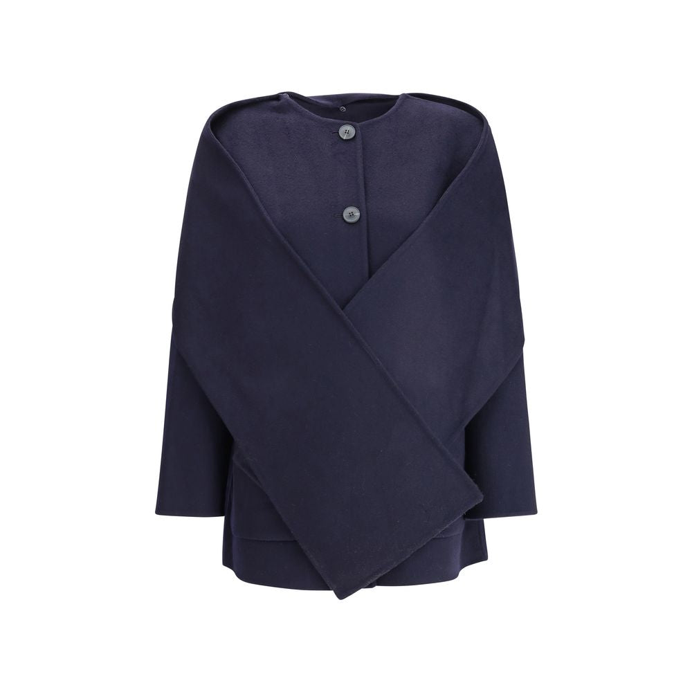 Dynamis Studio Blue Wool Coat with scarf panel, button closure, and patch pockets for a versatile AW25 look.