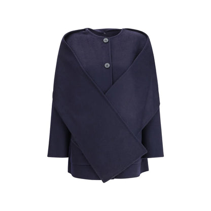 Dynamis Studio Blue Wool Coat with scarf panel, button closure, and patch pockets for a versatile AW25 look.