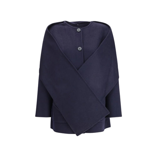 Dynamis Studio Blue Wool Coat with removable scarf panel, oversized fit, crew neck, button closure, and front patch pockets, 100% wool.