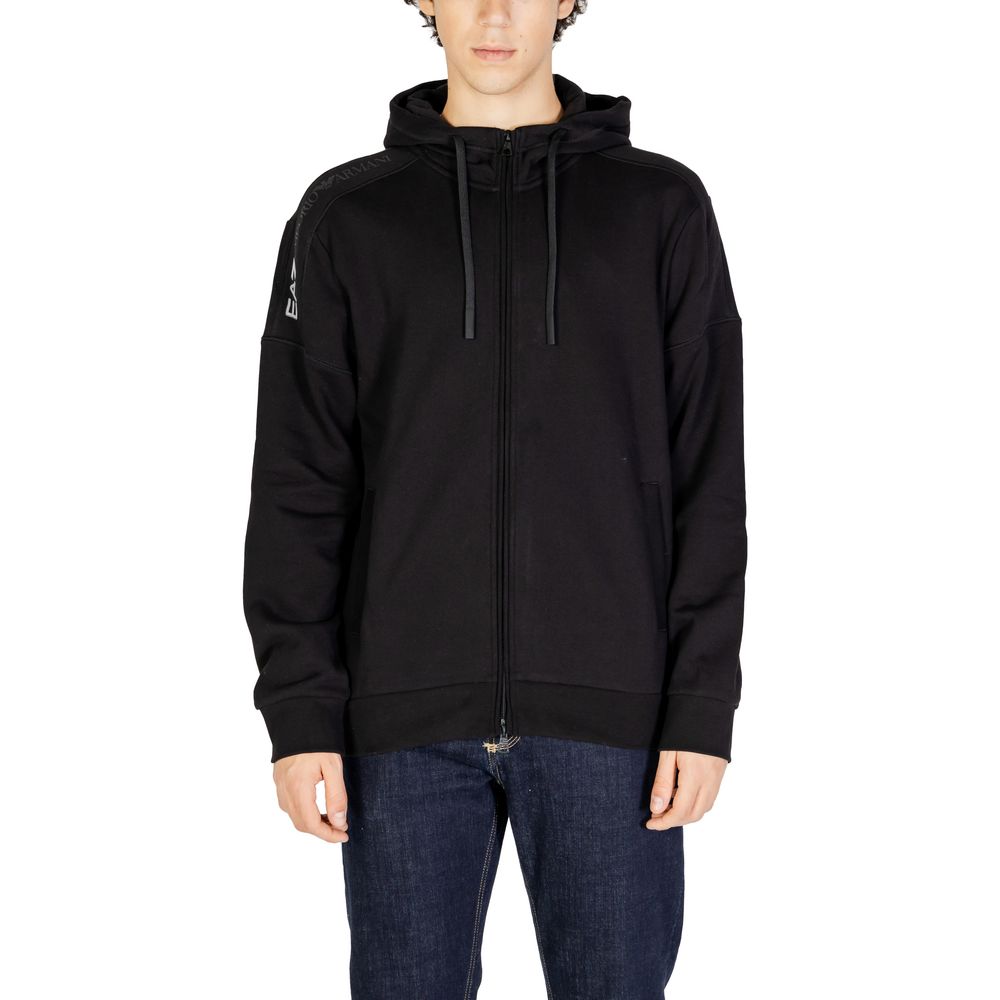 EA7 Emporio Armani Black Cotton Hoodie with zip closure and adjustable hood, front view on model wearing jeans, perfect for leisure or casual chic.