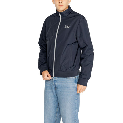 EA7 Emporio Armani Blue Polyamide Jackets And Coat with front zip, high collar, and embroidered logo, perfect for sporty fashion.