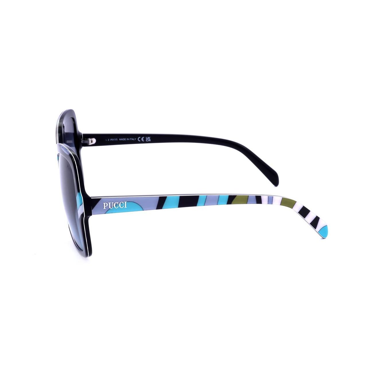 Alt Tag: Side view of EMILIO PUCCI SUNGLASSES Mod. EP0192 TURQUOISE, lady's acetate frame with official packaging.