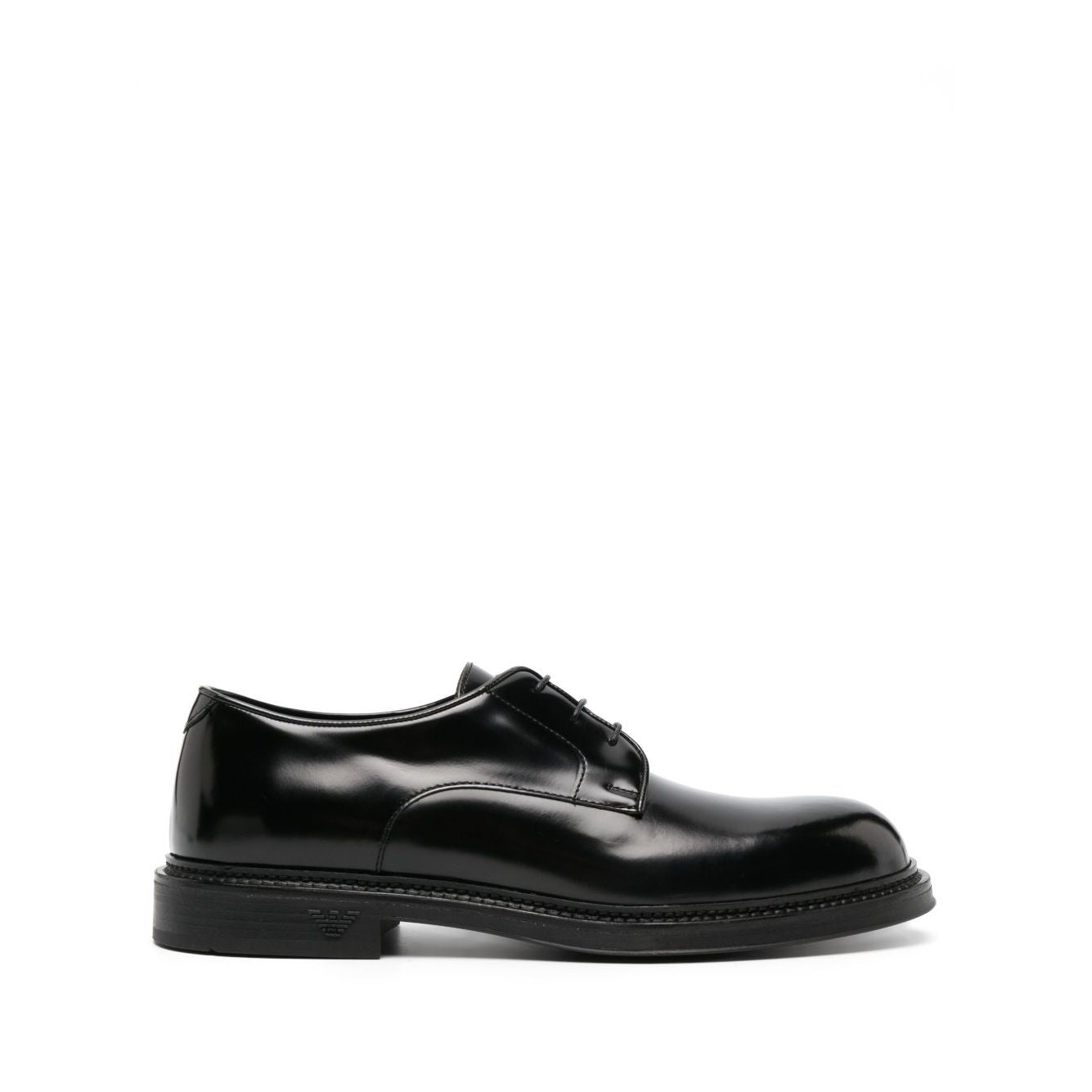 EMPORIO ARMANI EXCLUSIVE Derby shoes in buffed leather, black calf, patent finish, almond toe, front lace-up, 35mm stacked heel.