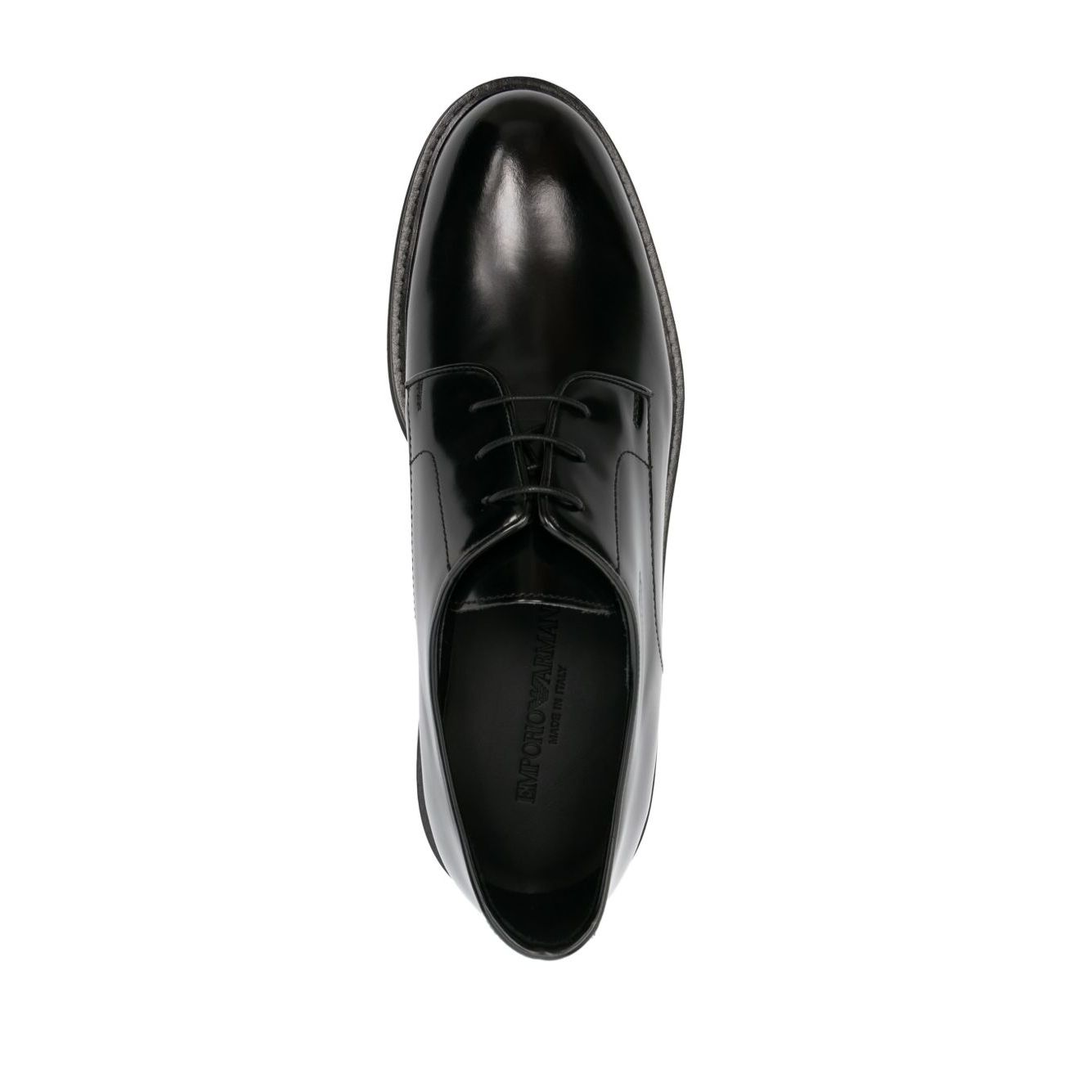 Top view of EMPORIO ARMANI EXCLUSIVE Derby shoes in buffed leather with almond toe and tonal stitching.