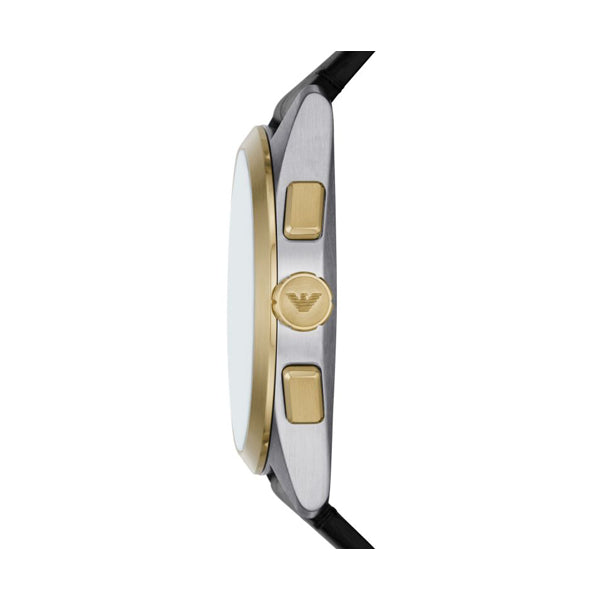 Side view of EMPORIO ARMANI MOD. AR11498 gent watch with stainless steel case and leather strap.