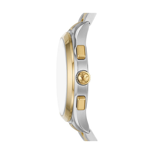 Side view of EMPORIO ARMANI MOD. AR11527 watch, showcasing gold and silver stainless steel case, 5 ATM water resistance, for gents.