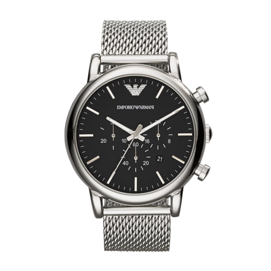EMPORIO ARMANI MOD. AR1808 gent's stainless steel chronograph watch with quartz movement and mesh strap, water resistant to 5 ATM.