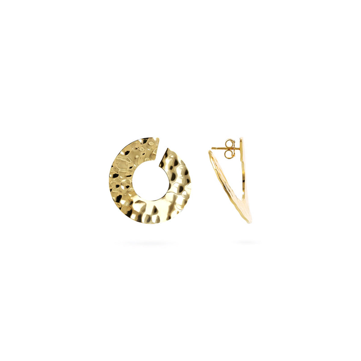 ETRUSCA JEWELS JEWELRY Mod. WSET00767.YG hoop earrings, textured gold design, side and front view.