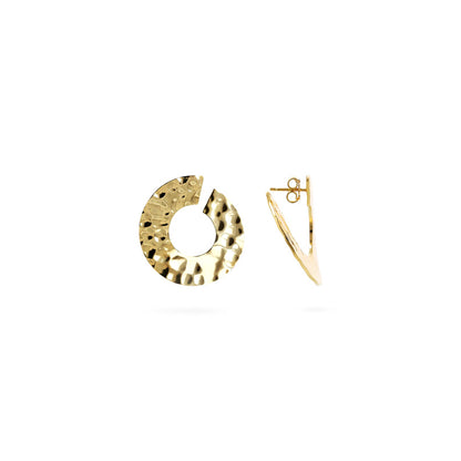 ETRUSCA JEWELS JEWELRY Mod. WSET00767.YG hoop earrings, textured gold design, side and front view.