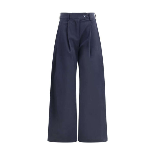 Ella Blue Cotton Casual Pants with wide leg and pleats, featuring front zip, button closure, belt loops, and side welt pockets.