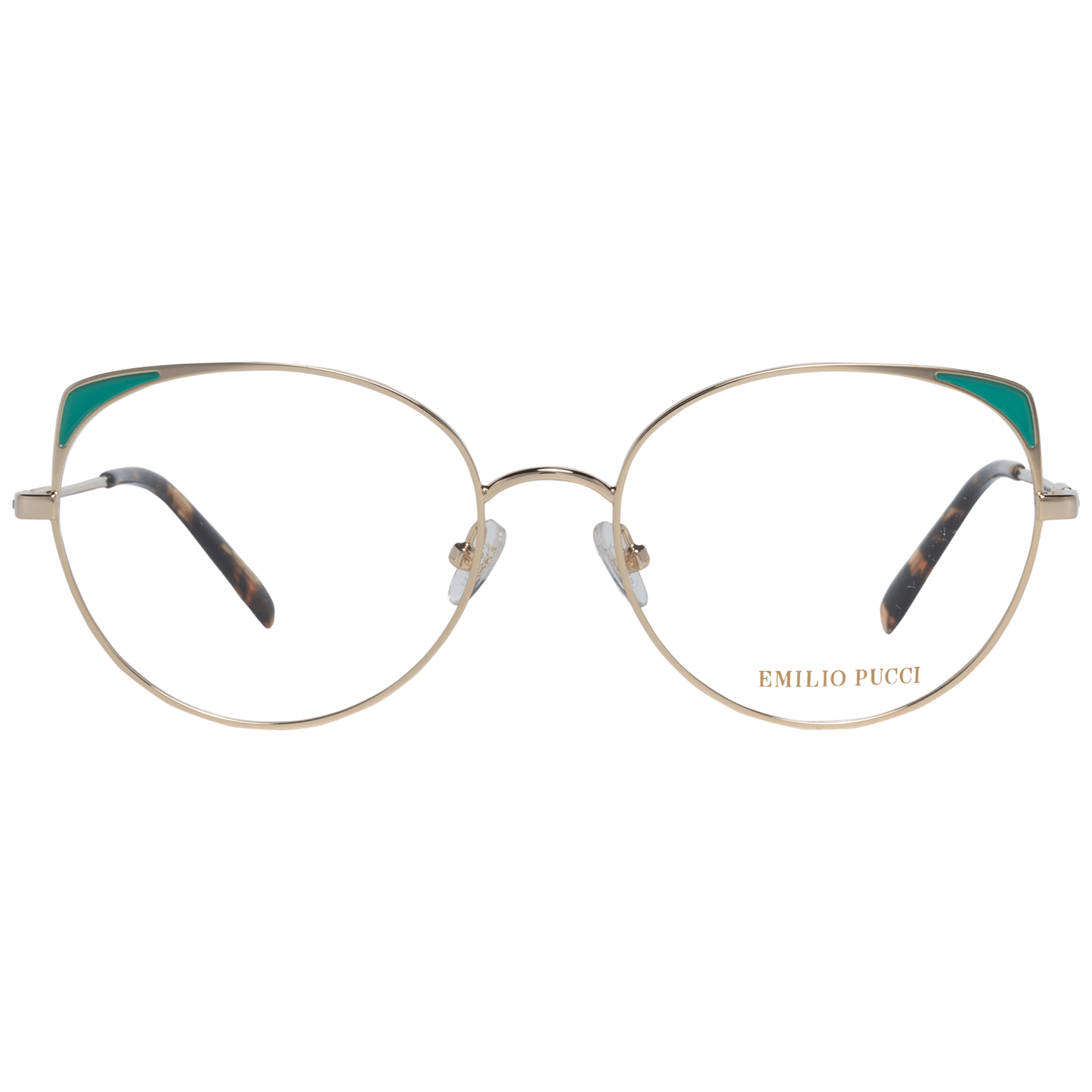 Emilio Pucci Gold Metal Glasses (Frames) for women in full-rim style. Gold color, metal frame, size 54-17-140. Includes branded case.