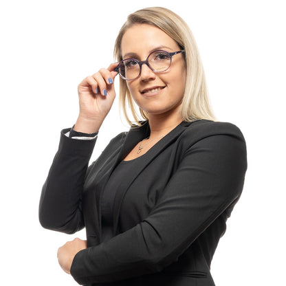Woman wearing Emilio Pucci Purple Plastic Glasses (Frames) in full-rim style, dressed in a black blazer, against a white background.