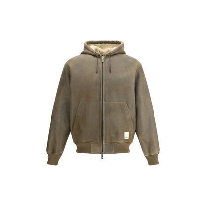 Emporio Armani Brown Lamb Ovis Aries Aries Bomber with drawstring hood and patch pockets, ideal for urban style and comfort.