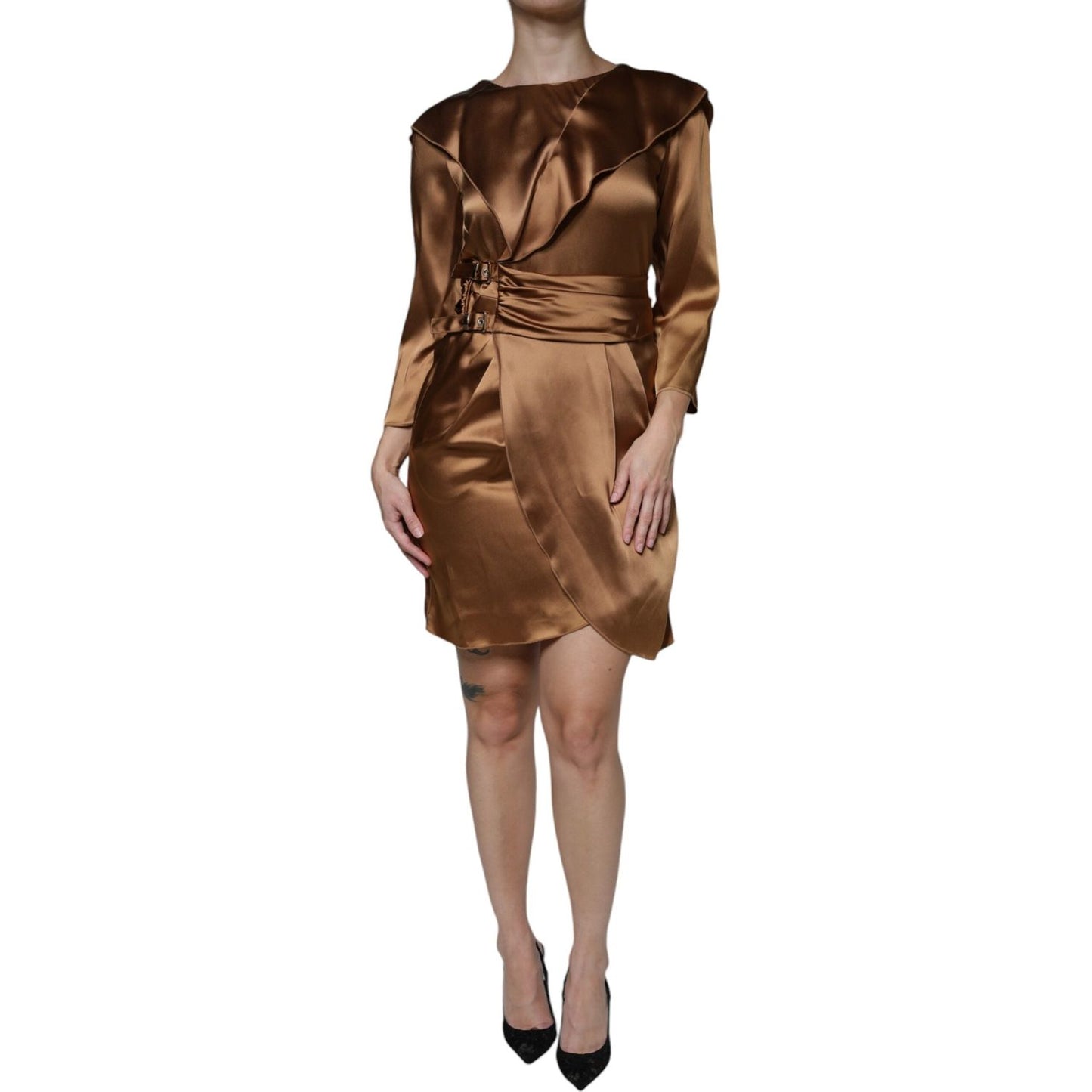 Emporio Armani Brown Satin Long Sleeves Wrap Sheath Mini Dress DR81467-40