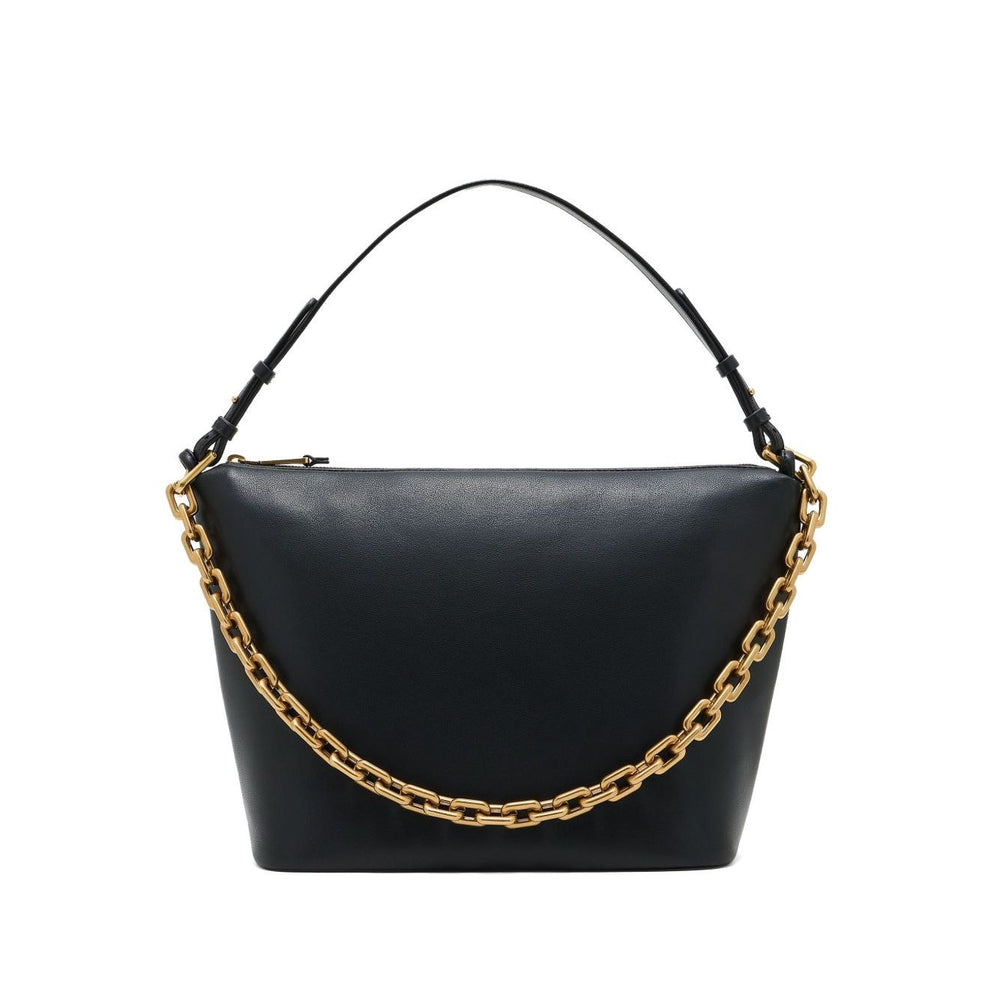 Emporio Armani Medium leather hobo bag with chain, black leather with gold-tone chain, zip fastening top handle, 15x25x30 cm