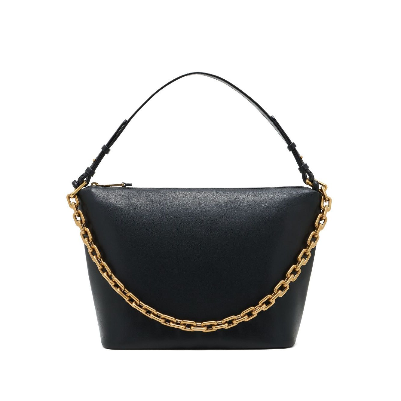 Emporio Armani Medium leather hobo bag with chain, black leather with gold-tone chain, zip fastening top handle, 15x25x30 cm