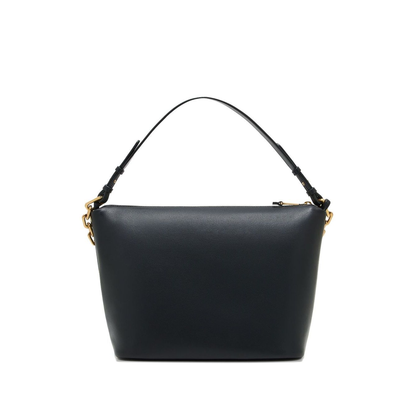 Emporio Armani Medium leather hobo bag with chain, black leather, gold-tone detail, zip fastening, top handle. Size: 25x30x15 cm.