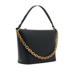 Emporio Armani Medium leather hobo bag with chain in black, featuring gold-tone chain detail and top handle, size 30x25x15 cm.