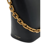 Close-up of Emporio Armani Medium leather hobo bag with chain featuring gold-tone chain detail, black leather.