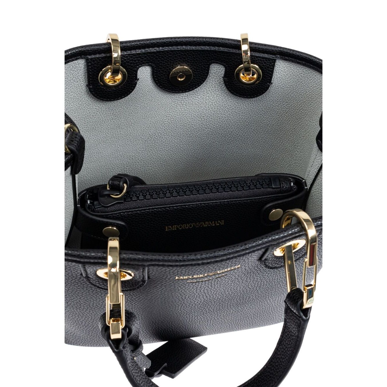Interior view of Emporio Armani MyEA shopping bag with black logo print, showing compartment, gold accents, and removable pouch.