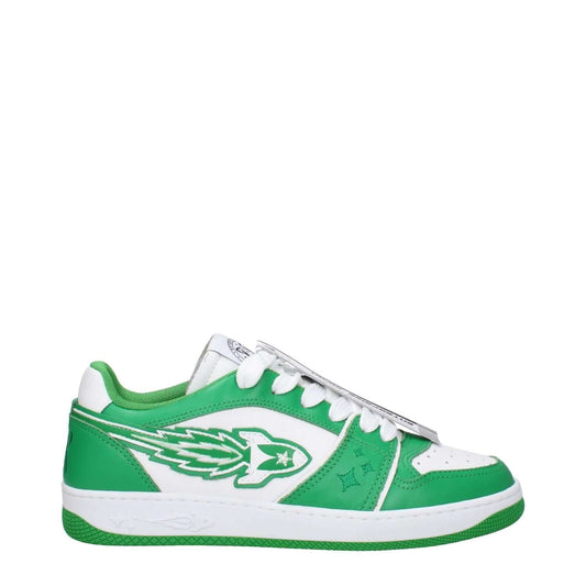 Enterprise Japan Green Leather Low Top Sneakers with logo, lace-up closure, white accents, and rubber sole, ideal for casual style.