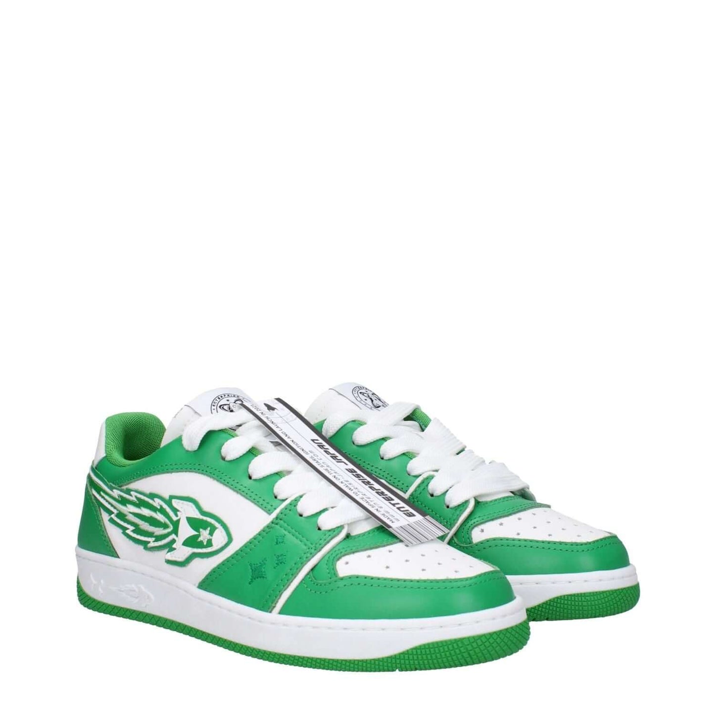 Enterprise Japan Green Leather Low Top Sneakers with lace-up closure and rubber sole, featuring a front logo and white accents.