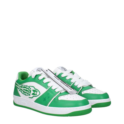 Enterprise Japan Green Leather Low Top Sneakers with lace-up closure and rubber sole, featuring a front logo and white accents.