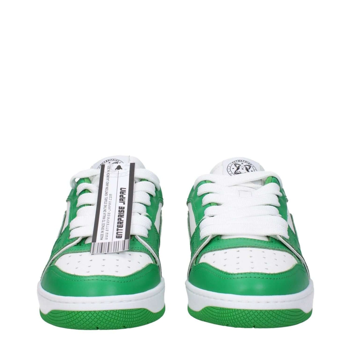 Enterprise Japan Green Leather Low Top Sneakers, front view with lace-up closure and rubber sole in white and green.