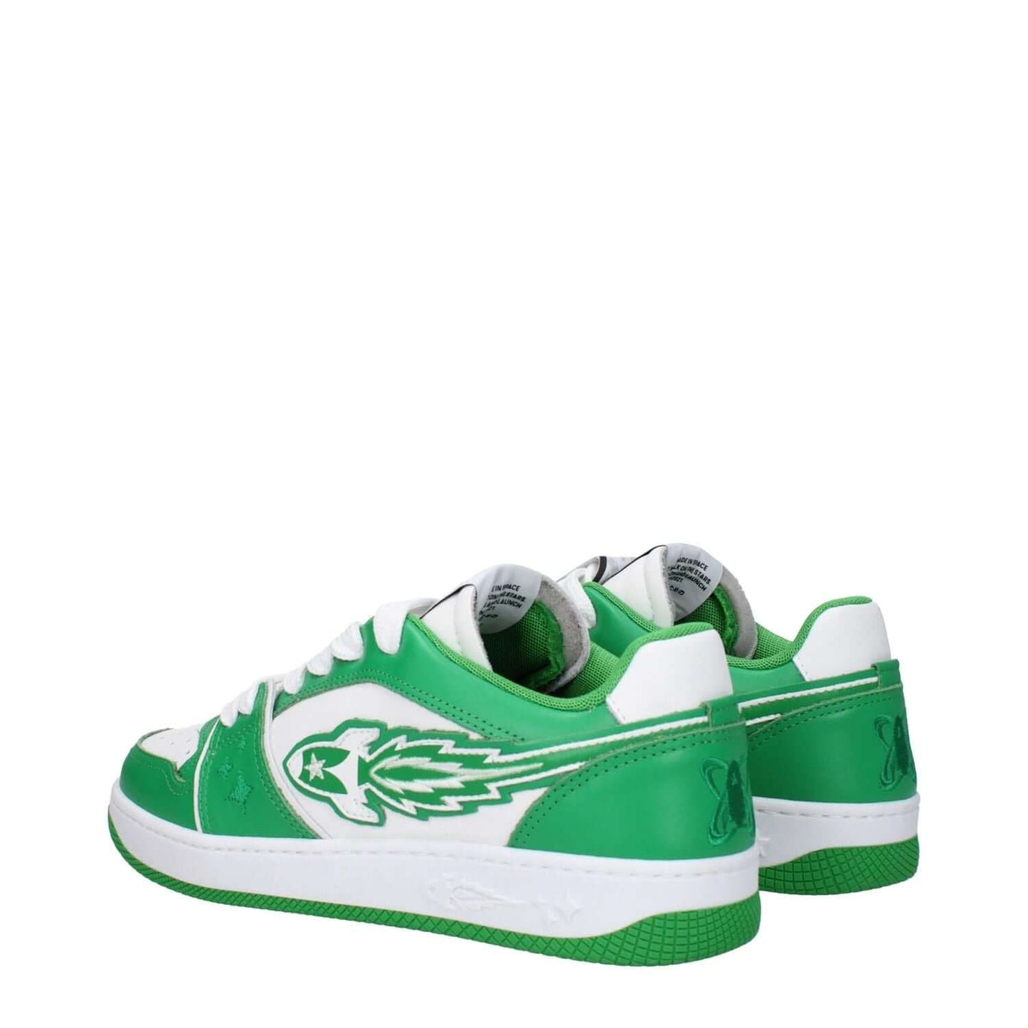 Enterprise Japan Green Leather Low Top Sneakers with white accents, rubber sole, and lace-up closure. Casual style with front logo design.