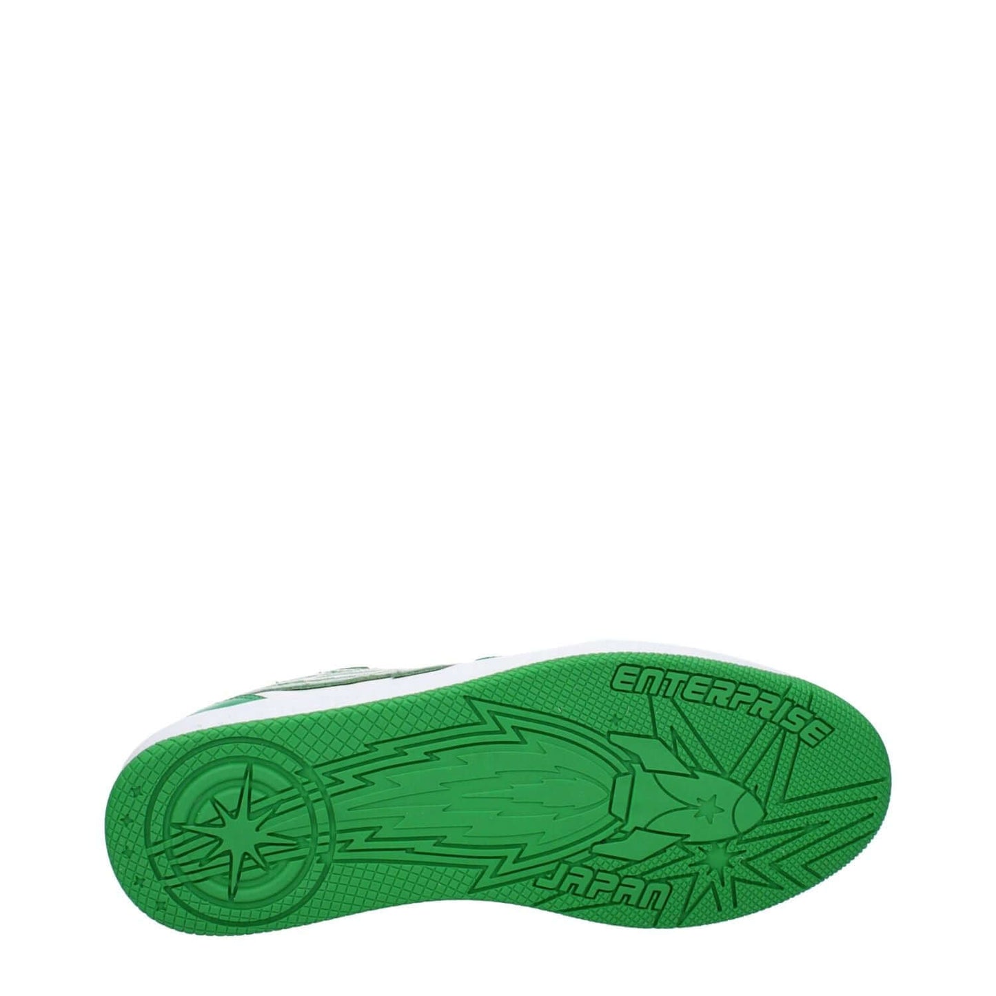 Sole view of Enterprise Japan Green Leather Low Top Sneakers with logo design and rubber material.