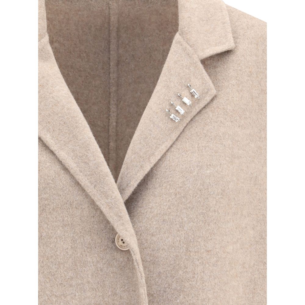 Ermanno Scervino Beige Wool Coat with rhinestone pins on lapel, classic lapels, and button closure; elegant autumn-winter fashion.