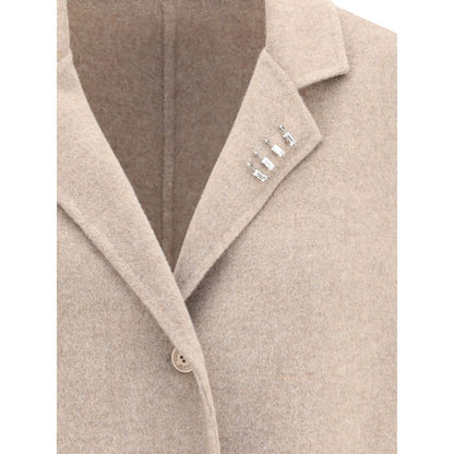 Ermanno Scervino Beige Wool Coat with rhinestone pins on lapel, classic lapels, and button closure; elegant autumn-winter fashion.