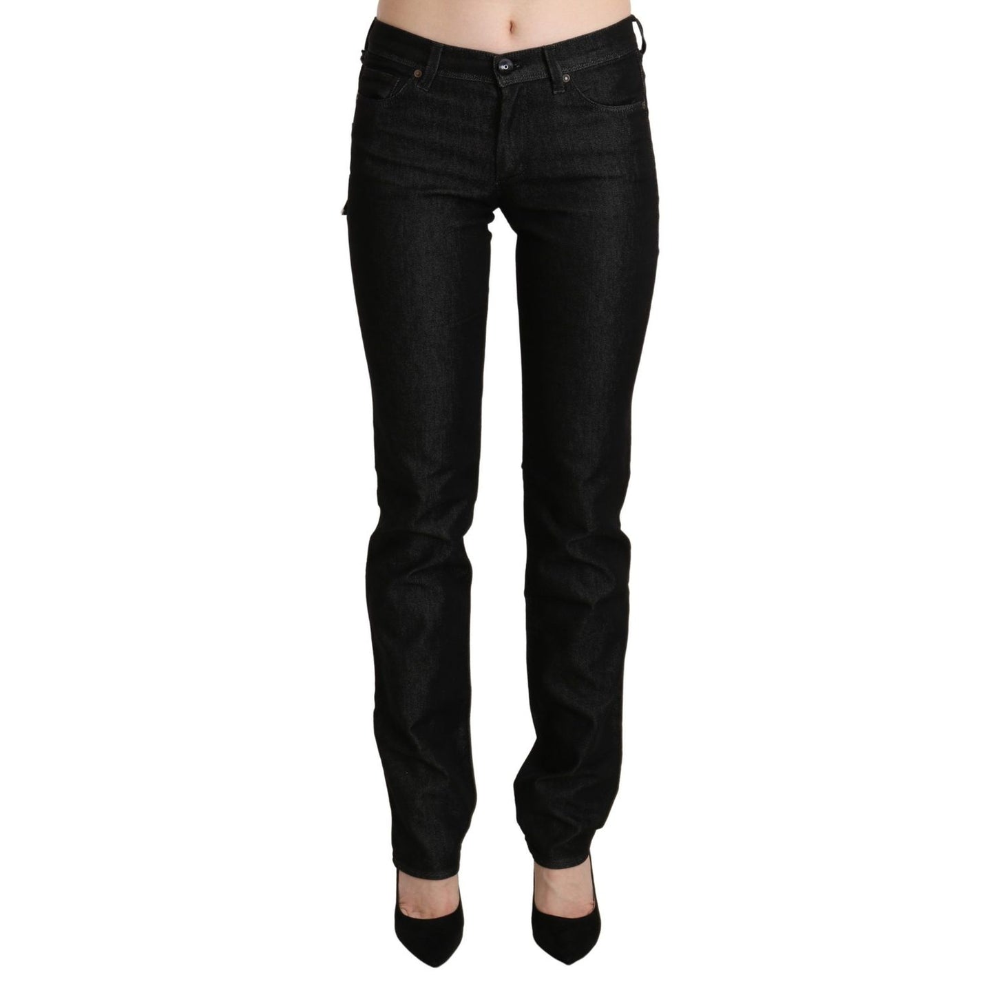 Ermanno Scervino Black Mid Waist Skinny Slim Denim Trouser with zipper closure and logo details, made in Italy, 100% cotton.