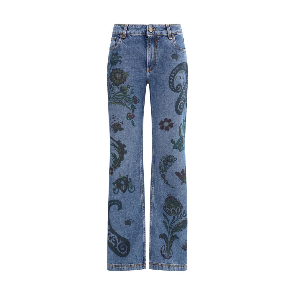 Etro Blue Cotton Flared Jeans with flower and bee print, paisley motifs, metal button, and back salpa in denim style.
