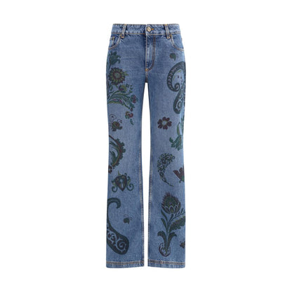 Etro Blue Cotton Flared Jeans with flower and bee print, paisley motifs, metal button, and back salpa in denim style.