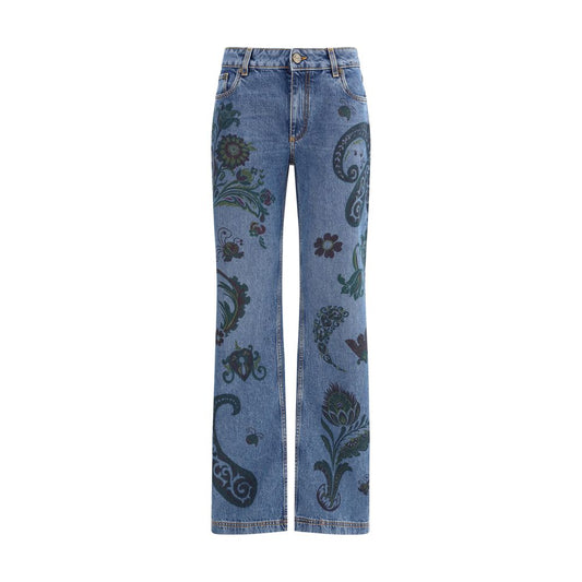 Etro Blue Cotton Flared Jeans with floral and bee print, paisley motifs, fitted hips, and flared bottoms, featuring a distinctive metal button.