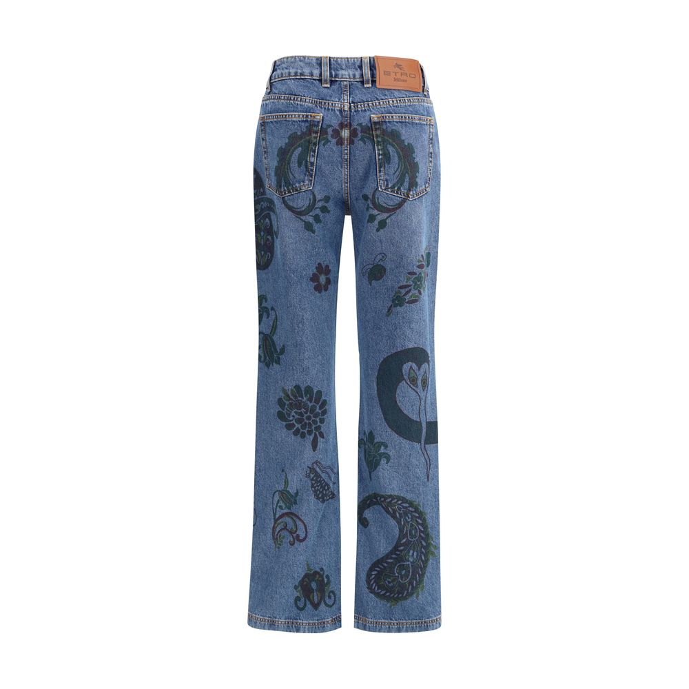 Etro Blue Cotton Flared Jeans with floral and bee print, Paisley motifs, five-pocket style, and embossed Pegasus logo.