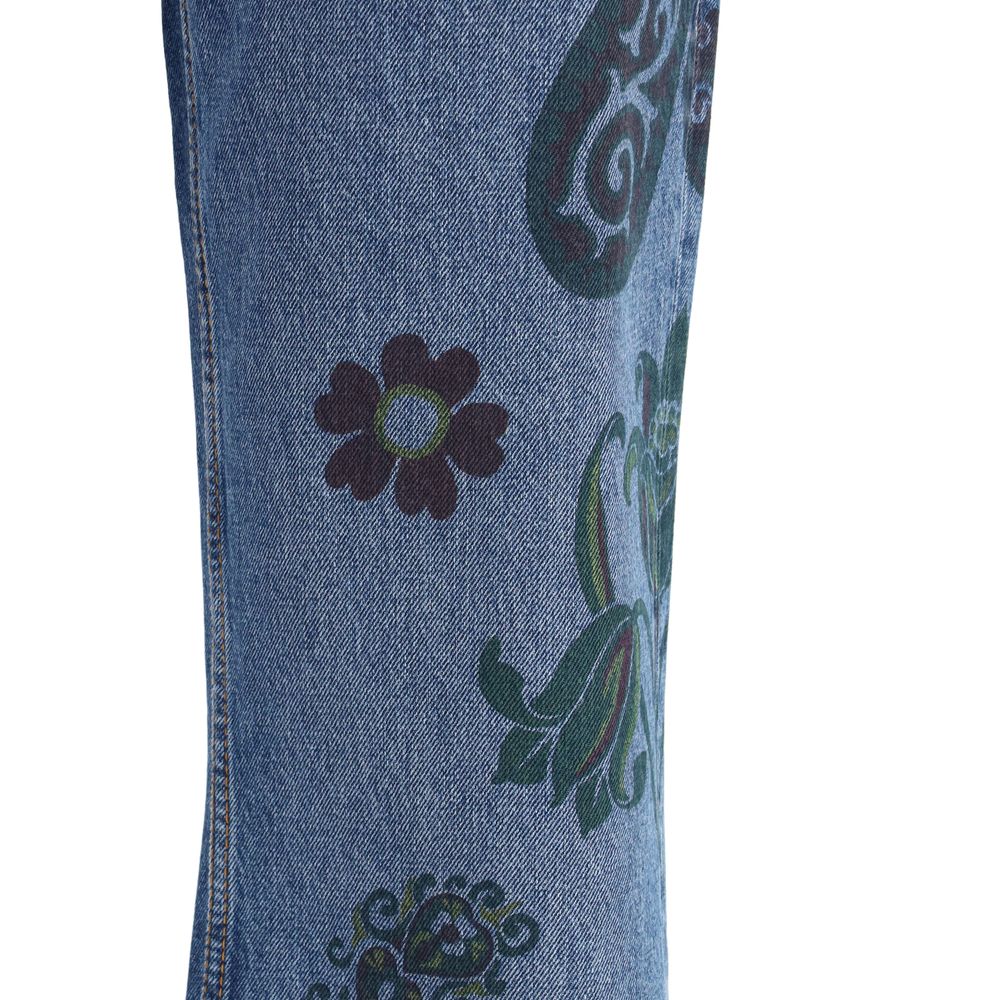 Etro Blue Cotton Flared Jeans with flower and bee print, showcasing the intricate natural motifs on denim fabric.