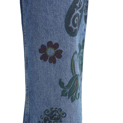 Etro Blue Cotton Flared Jeans with flower and bee print, showcasing the intricate natural motifs on denim fabric.
