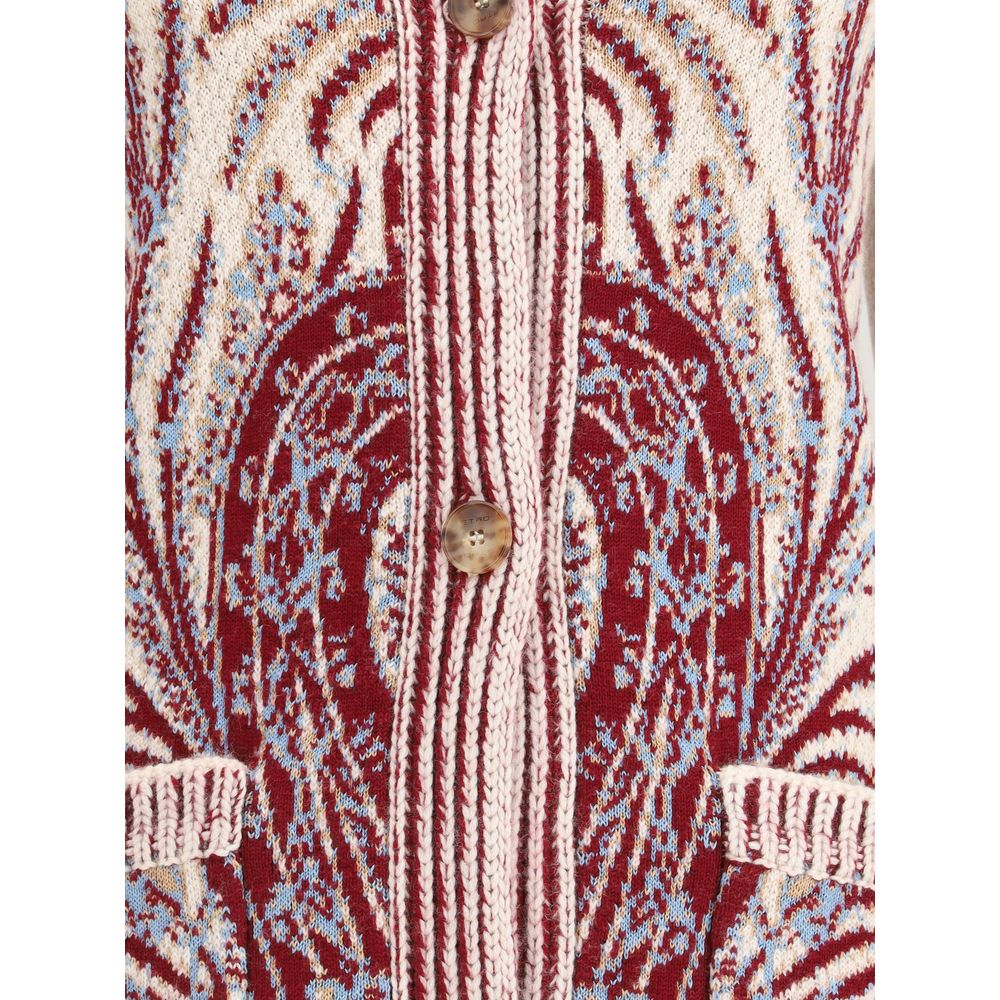 Close-up of Etro Multicolor Wool Cardigan featuring Paisley floral jacquard pattern with ribbed trim and brown buttons.