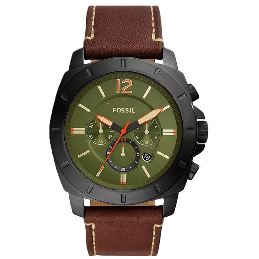 FOSSIL Mod. PRIVATEER wristwatch with black SS case, leather strap, chronograph, date function, and water resistance of 5 ATM.