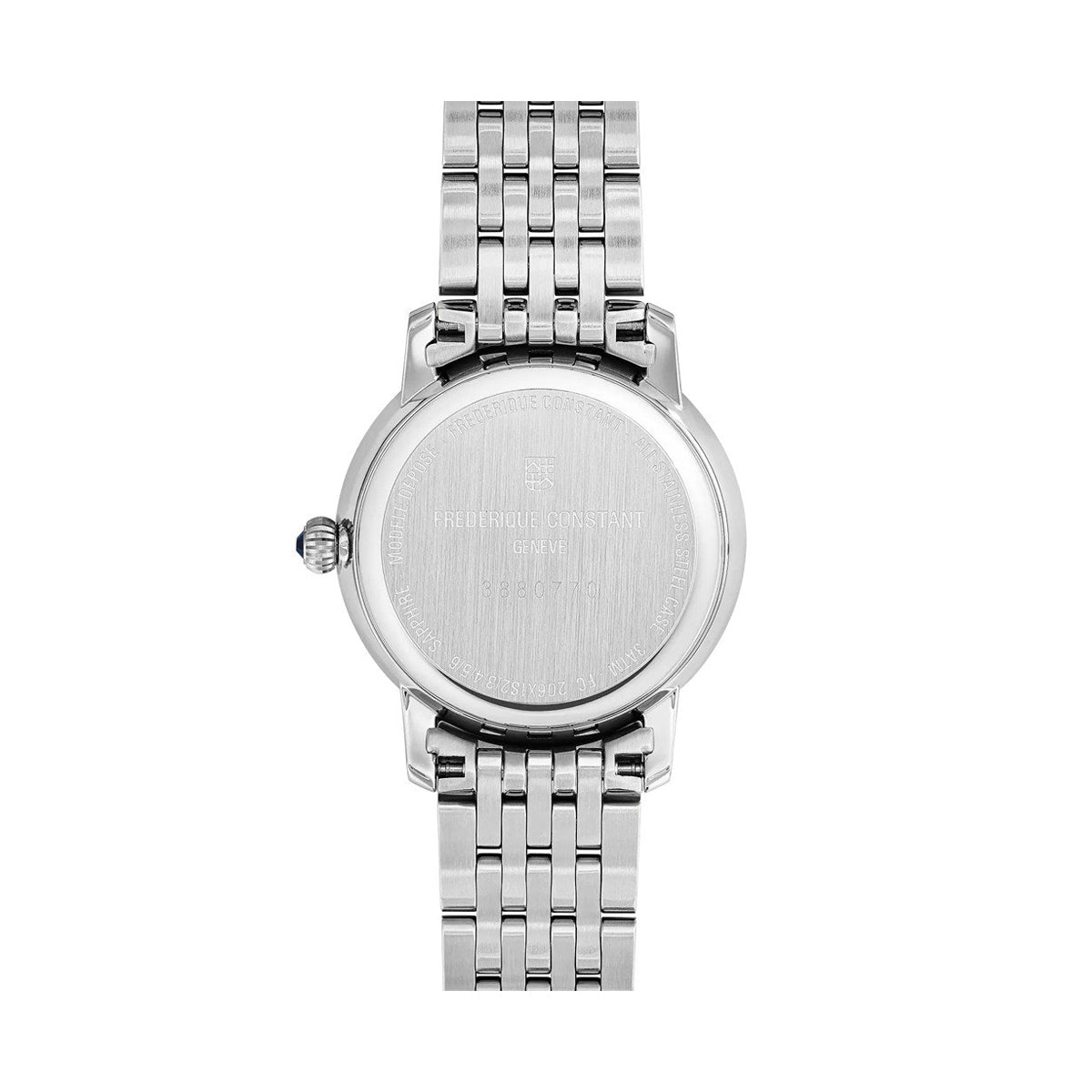 Back view of FREDERIQUE CONSTANT MOD. FC-206MPBD1S6B silver watch with stainless steel bracelet