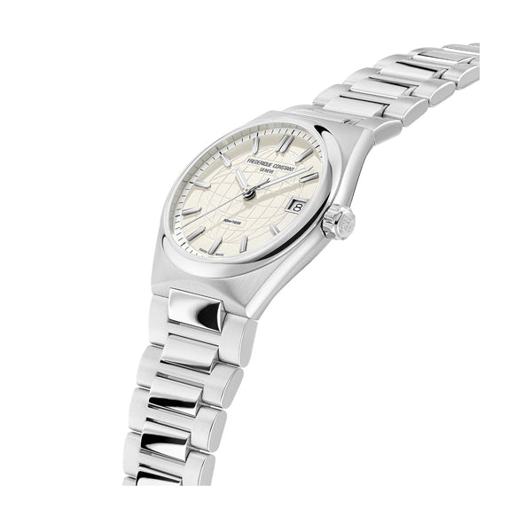 FREDERIQUE CONSTANT MOD. FC-240SI2NH6B luxury watch with stainless steel bracelet and silver dial displayed at an angle.