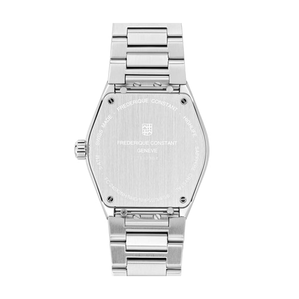 Back view of FREDERIQUE CONSTANT MOD. FC-240SI2NH6B watch showcasing stainless steel bracelet and engraved caseback.