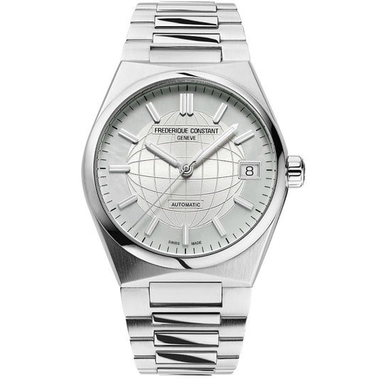 FREDERIQUE CONSTANT MOD. FC-303MPW2NH6B silver watch with stainless steel bracelet and globe dial design.