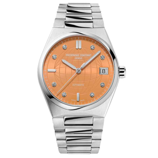 FREDERIQUE CONSTANT MOD. FC-303OD2NH6B silver watch with orange dial and date display.