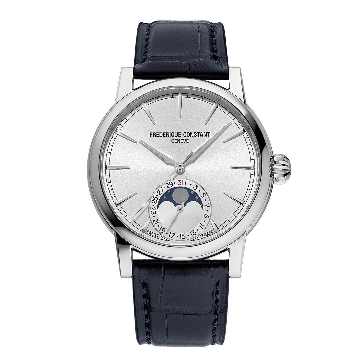 Alt Tag: FREDERIQUE CONSTANT MOD. FC-716S3H6 luxury watch with blue leather strap and moon phase display
