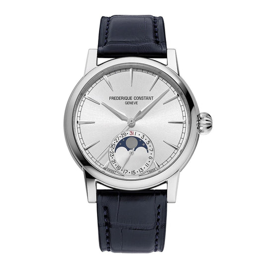 Alt Tag: FREDERIQUE CONSTANT MOD. FC-716S3H6 luxury watch with blue leather strap and moon phase display